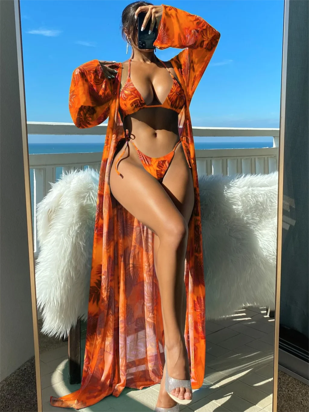 Bikini de tres piezas con tiras triangulares 2025 para mujer, traje de baño tipo kimono, ropa de baño sexy para mujer, traje de baño para playa