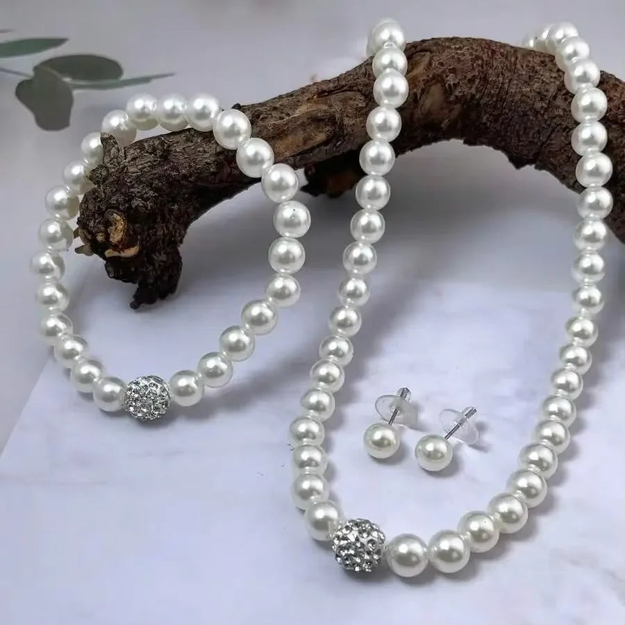 Juego de 3 piezas de collar, pulsera y pendientes con forma de bola de fuego de perlas de imitación, conjunto de joyas con piedras de cristal de color plateado, elegante joyería nupcial.