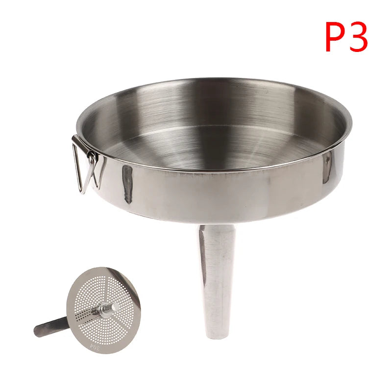 Embudo de acero inoxidable 304 de 10 cm, 12 cm y 14 cm para cocina, dispensador de aceite, vino y líquido con colador extraíble.