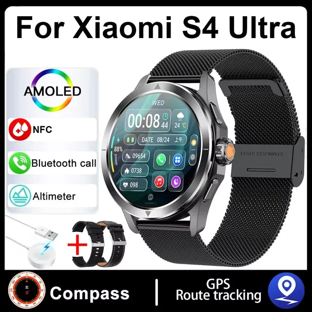 S4 Ultra para Xiaomi Pulsera Inteligente Reloj para Hombre Pantalla AMOLED HD Llamadas Bluetooth GPS Trayectoria NFC Frecuencia Cardíaca Brújula SmartWatches
