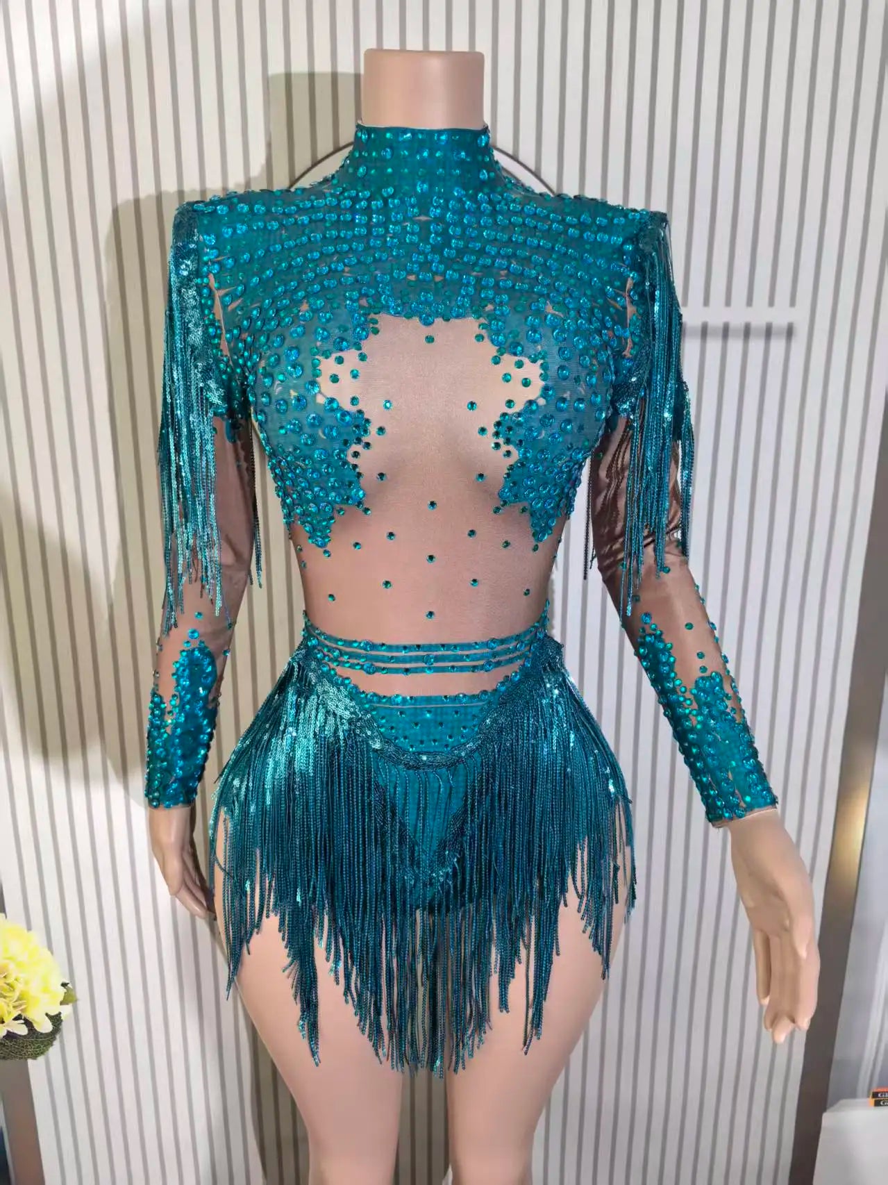 Sexy Skinny Leotard Singer Dancer Show StageWear Sparkly Blue Rhinestones Women DanceCostume Fringes One Shoulder Bodysuit 7G
