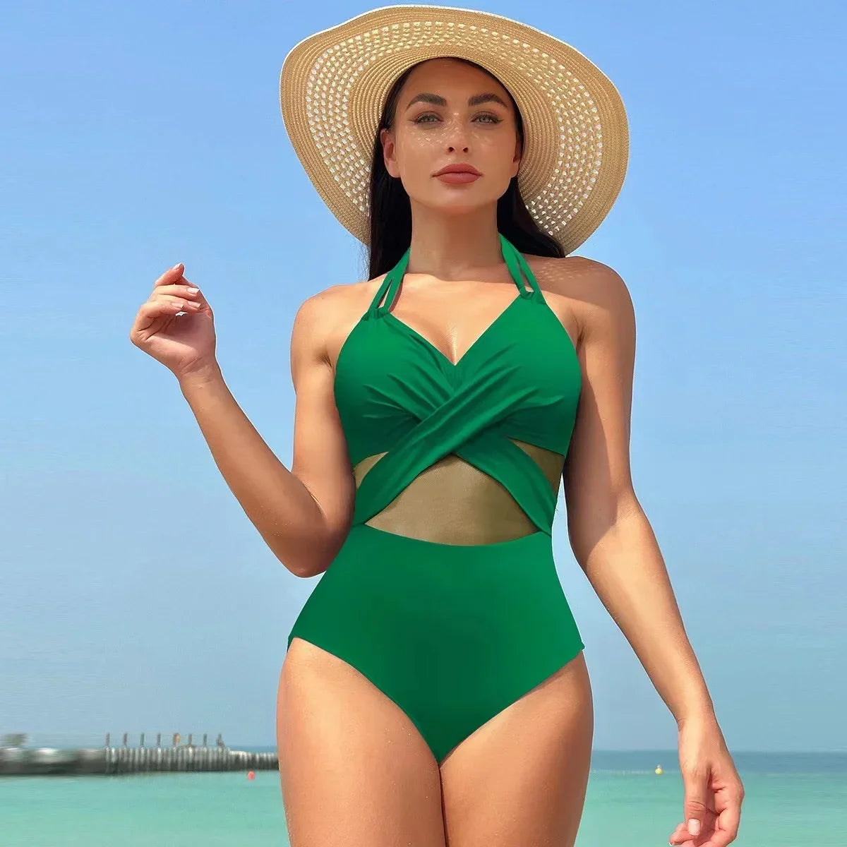 2024 Women One Pieces Solid Swimsuits Sexy Swimwear Bathing Suits Rib Mesh V-neck Swimsuit Bathing Suit Beach Pool Bather