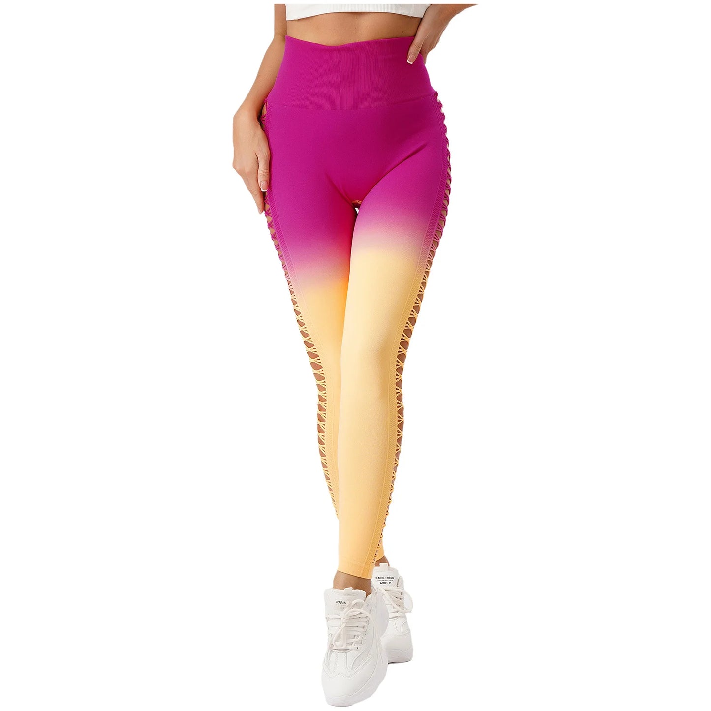 Womens Hip Tight Yoga Pants High Waist Side Hollowed-Out Mesh Design Exercise Yoga Leggings Running Gym Fitness