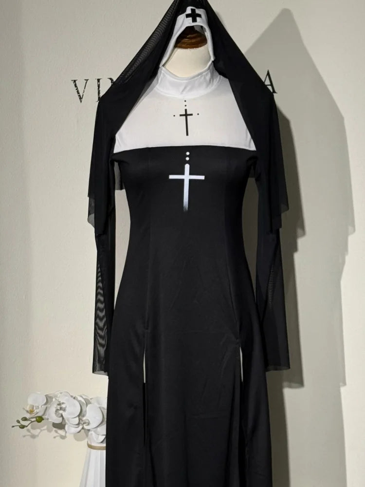 Sexy Anime Nun Cosplay Costume Women Fancy Dress Uniform Halloween Party Adult Madonna Dress Black Fancy Robe Headdress Set 2025