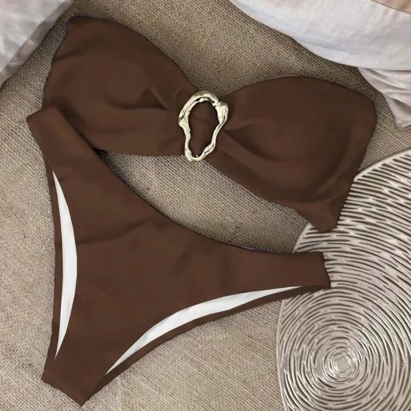 Conjuntos de bikini sin tirantes para mujer, traje de baño de dos piezas con efecto push up, bañadores sexys de color liso, ropa de playa sin espalda para mujer