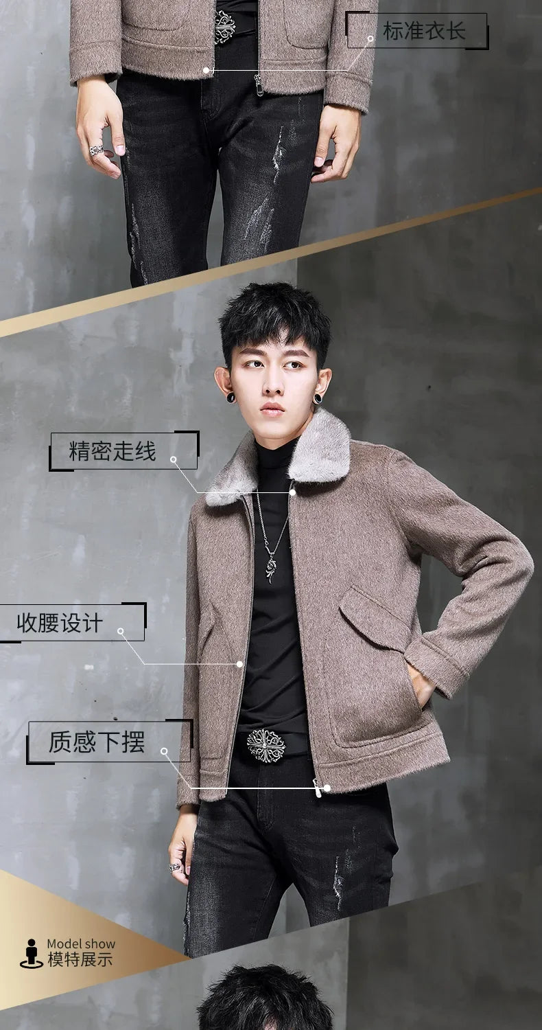 AYUNSUE Spring Autumn Wool Coat Men Double-sided Alpaca Jacket Mink Fur Collar Mens Coats and Jackets Overcoat 1970B KJ3859