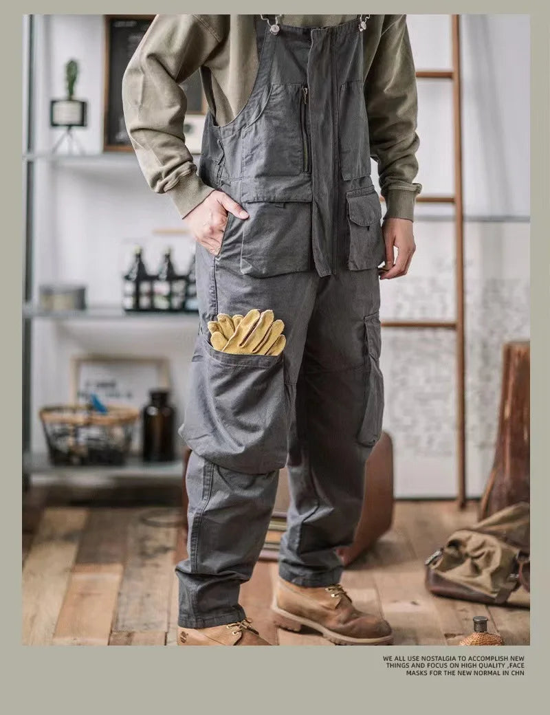 Retro American Cotton Overalls Bibs Loose Washing Jumpsuit Men's Suspenders Four Seasons Full Length Baggy Pants
