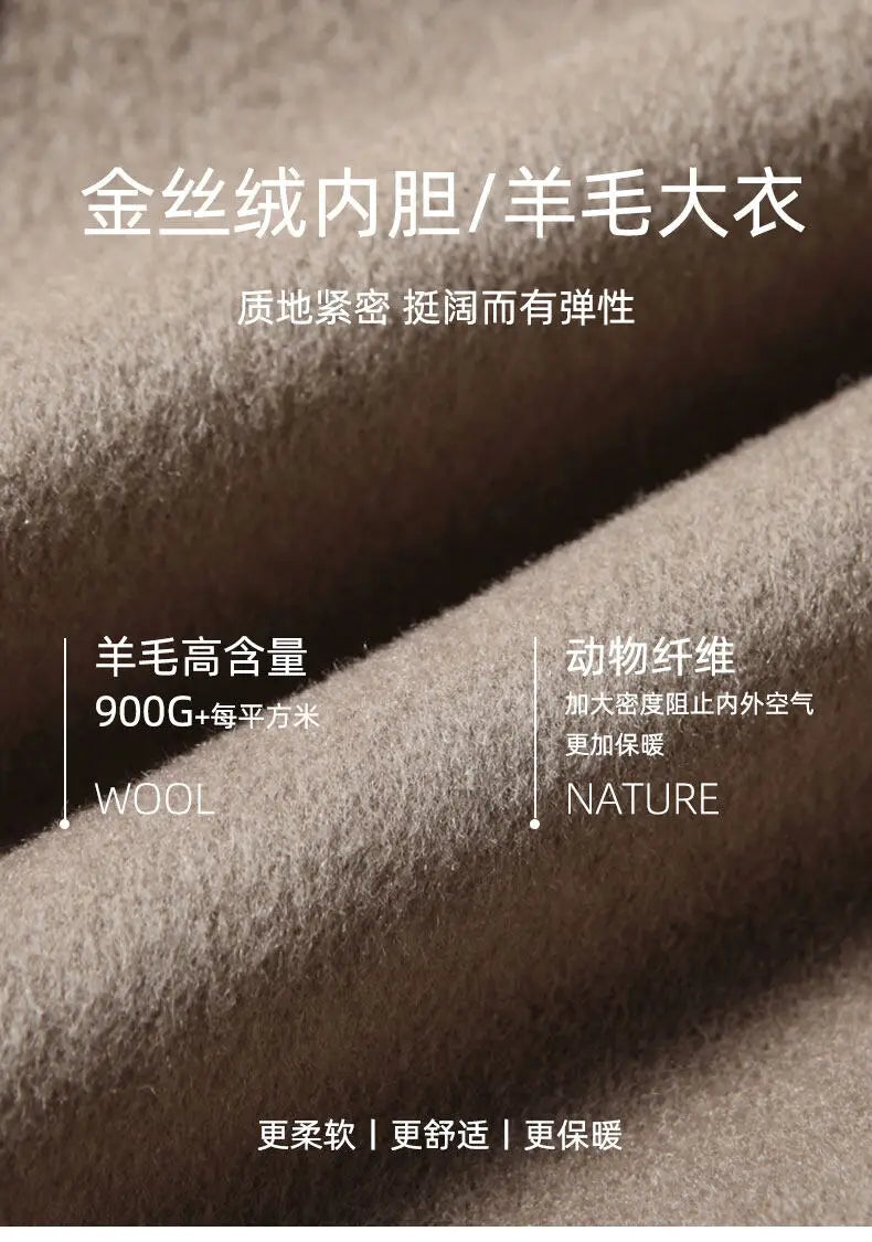 2024 Winter New Men's Hoodie Medium Long Woolen Coat Rabbit Plush Thick Warm Casual Coat High end Fabric 100% Pure Wool