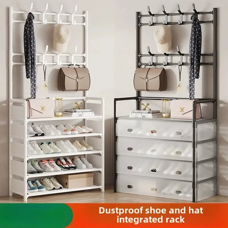 【Mejora el grosor】Perchero multifuncional integrado para zapatos y sombreros, perchero para ropa y sombreros, perchero multicapa resistente al polvo, color crema