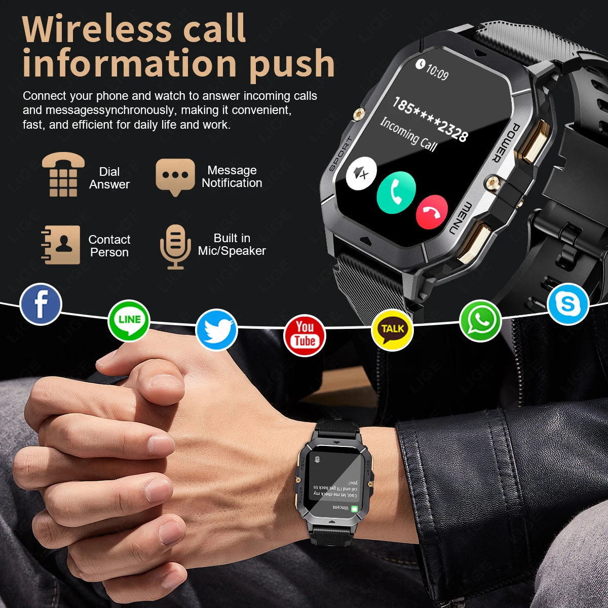Reloj inteligente con Bluetooth de 2,02 pulgadas para hombre y mujer, batería de 410 mAh, resistente al agua hasta 1 ATM, monitor de ritmo cardíaco y salud, para deportes al aire libre