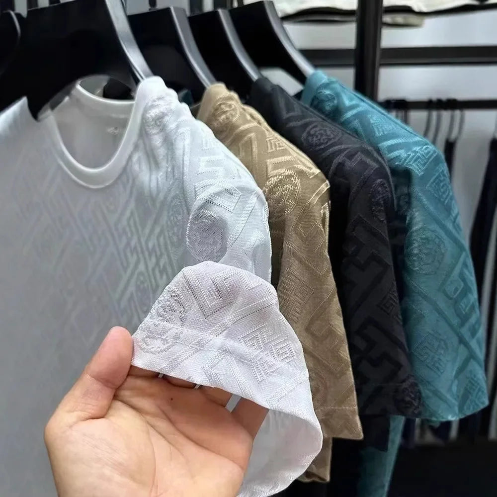 Camiseta de manga corta de seda de hielo para hombre, económica, informal, de cuello redondo, transpirable, de verano, a la moda, de media manga y cuello redondo.