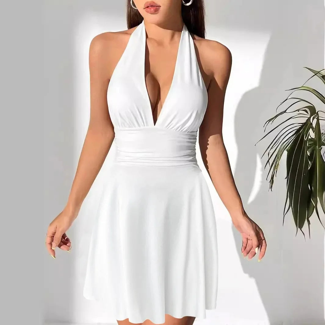 Vestido mini sexy para mujer, con espalda abierta, escote en V, ajustado, estilo europeo y americano, sin mangas, 2024