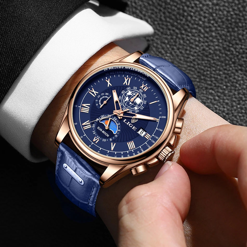 LIGE 2024 - Nuevo reloj de cuero azul para hombre, marca de lujo, resistente al agua, deportivo, con fecha, de cuarzo, Masculino