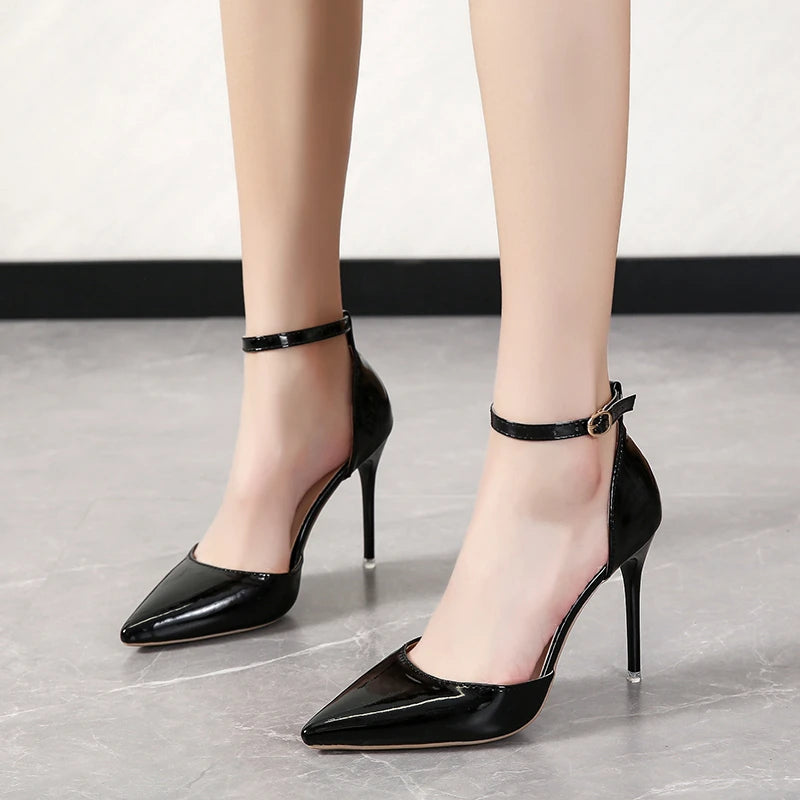 Super Big Size 45 High Stiletto Heel Women Sandals Crystals Buckle Strap Pointed Toe Fashion 10cm/3.94inch Thin Heel Pimp
