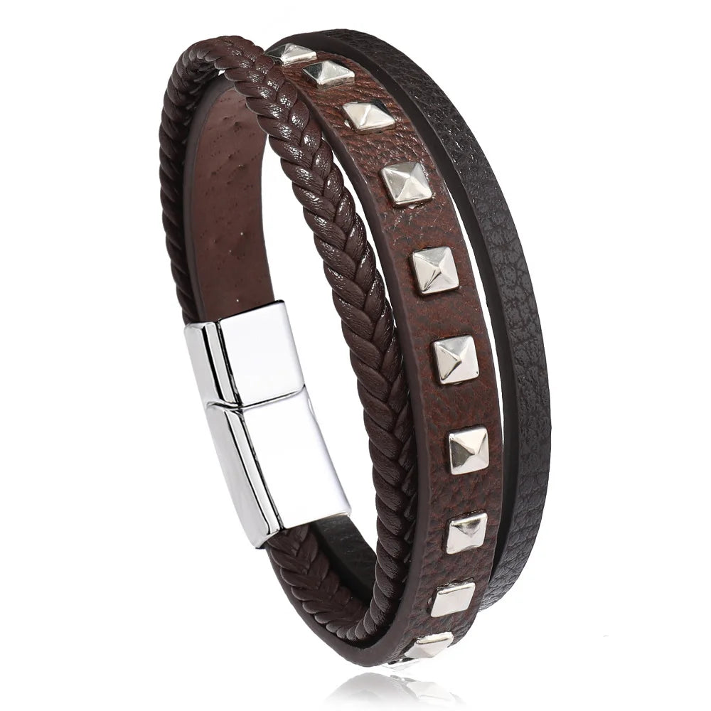Pulseras de cuero de moda para hombre, pulseras de cuerda trenzada multicapa, pulseras masculinas, joyería, pulsera para hombre