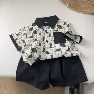 Ropa para niños 2025, nuevo traje de flores de moda para bebé, camisa de manga corta, pantalones cortos, elegante conjunto de dos piezas de pantalones cortos casuales retro.