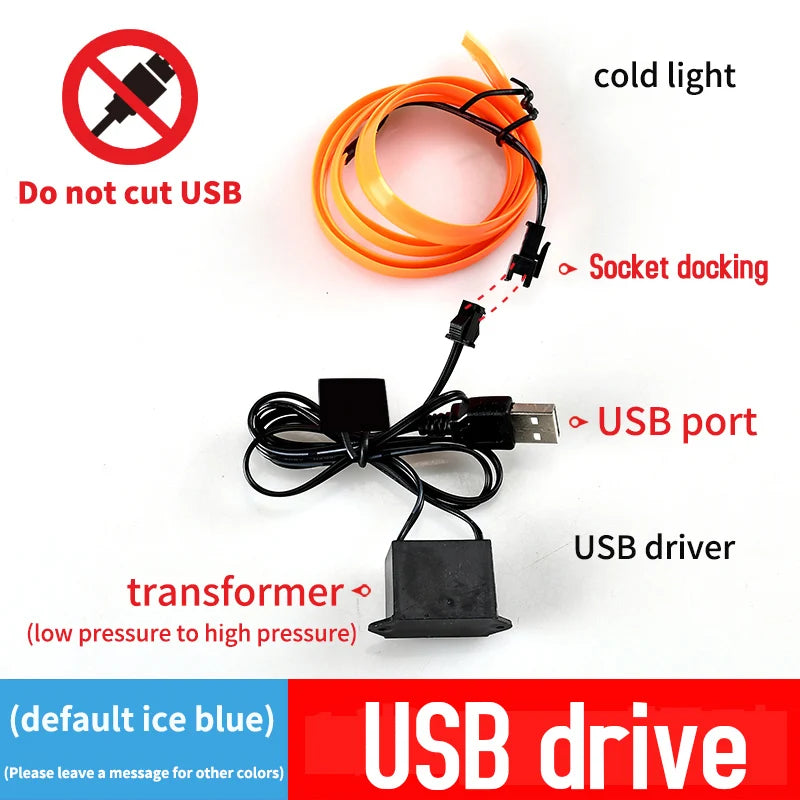 Tira de luces LED para interior de coche, 5 m, 5 V, flexible, tubo de luz fría EL, con USB, para decoración de interiores de coche