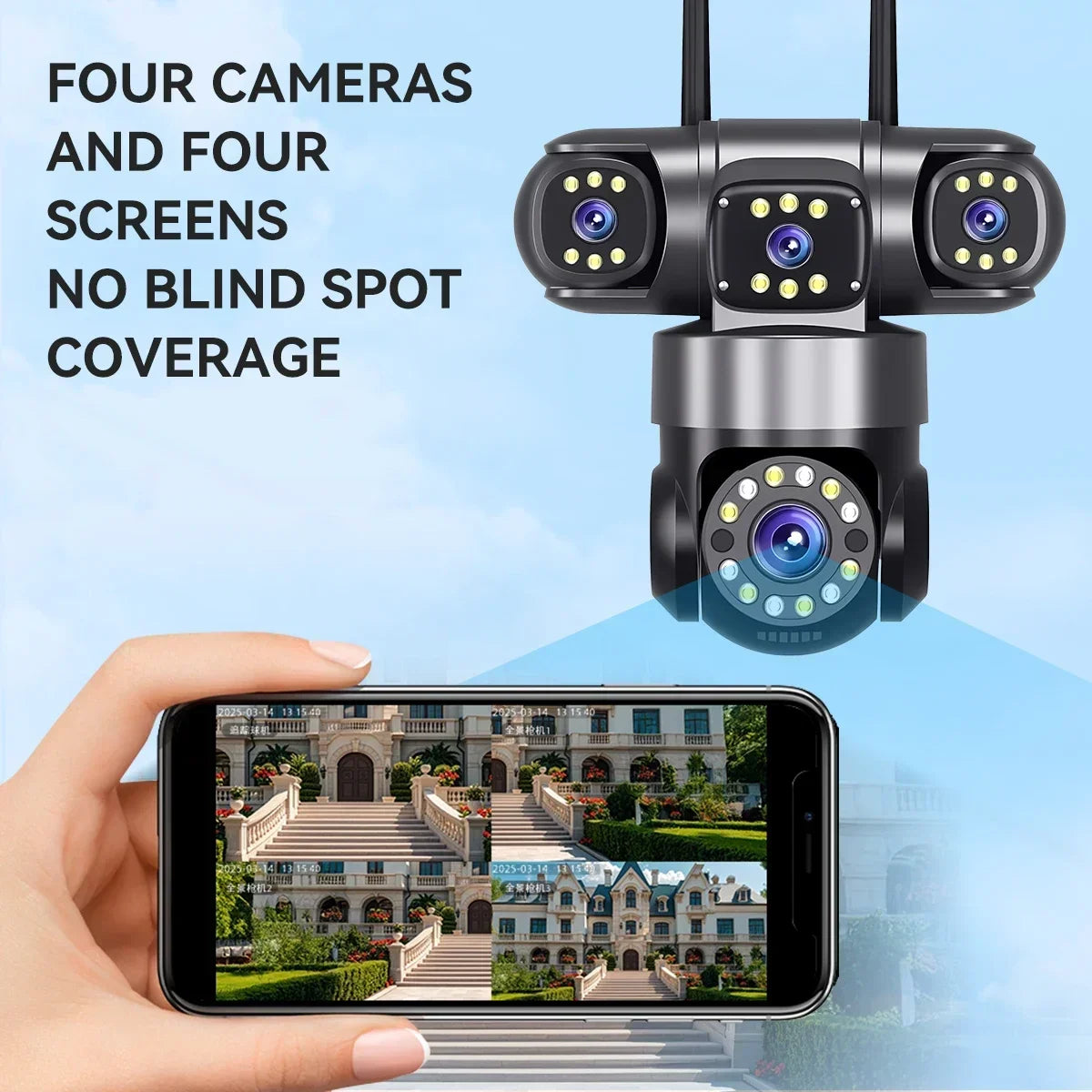 Cámara de seguridad para el hogar 10K 20MP para exteriores con WiFi, 4 lentes, 4 pantallas, zoom 360° 16X, CCTV, vigilancia inalámbrica, PTZ, protección de seguridad