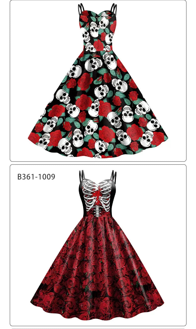 Halloween Costume Skeleton Rose Print Women Girl Female Goth Horror Rockabilly Carnival Fancy Dress Up Party Performance
