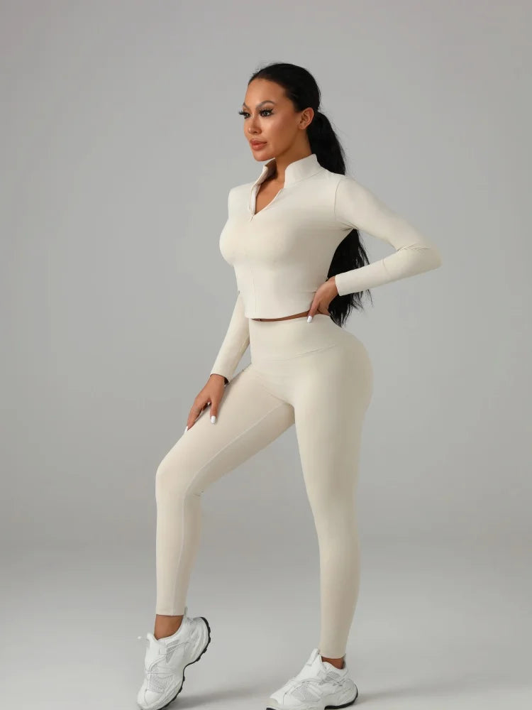 Conjunto deportivo de color liso para mujer: camiseta de manga larga y pantalón de yoga, chándal transpirable de secado rápido.