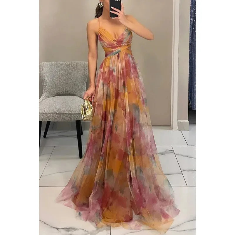 Sexy Hollow Out Party Dress, Women Summer Loungewear Fashion Printing Maxi Dress, Sleeveless Lace-Up Ladies Dress Vestido
