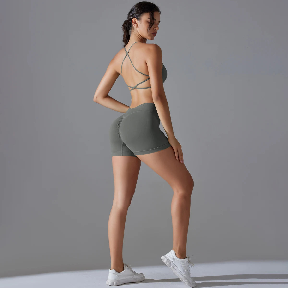 Conjunto deportivo de yoga, mallas de gimnasio de secado rápido, tirantes cruzados con absorción de impactos, pantalones cortos de ciclismo para mujer, entrenamiento de yoga.