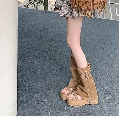Botines estilo romano caqui de dos vías, sandalias de moda retro con personalidad individual, zapatos cómodos con suela de goma para mujer