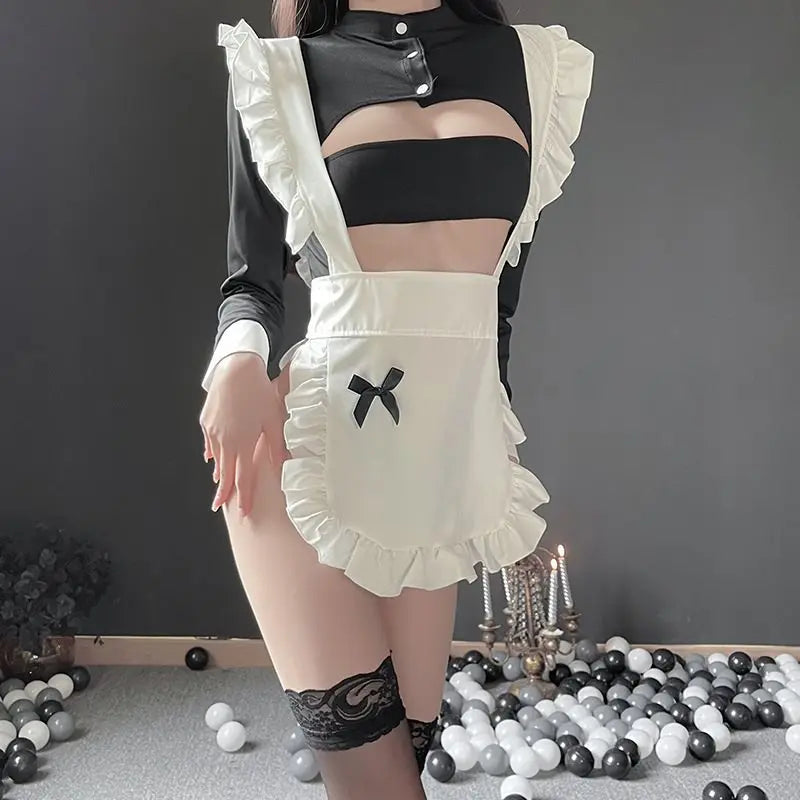 Fashion Sling Bow Sexy Lace Lingerie Couple Dating Temptation Deep V Sex Dress Tulle See-through Role Play Uniform Porn Maid Set