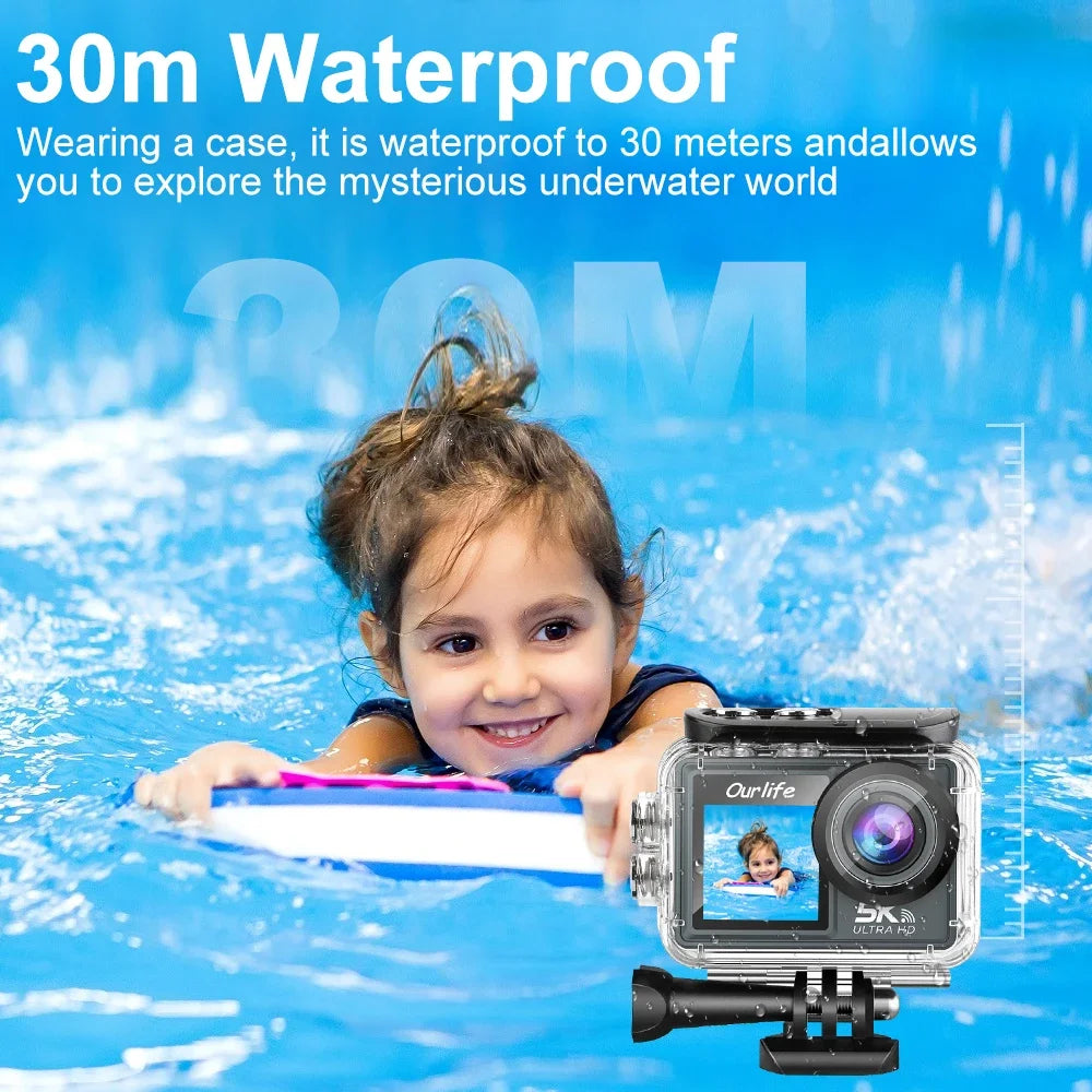 Cámara de acción M40TR 5K con pantalla táctil IPS de 2", zoom 5X, 170°, alcance de 30 m, antivibración, impermeable, control remoto WiFi, deportiva