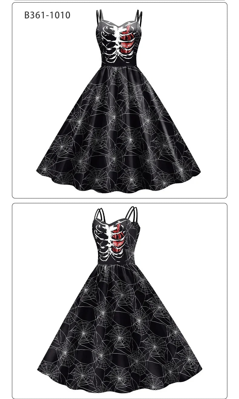 Halloween Costume Skeleton Rose Print Women Girl Female Goth Horror Rockabilly Carnival Fancy Dress Up Party Performance