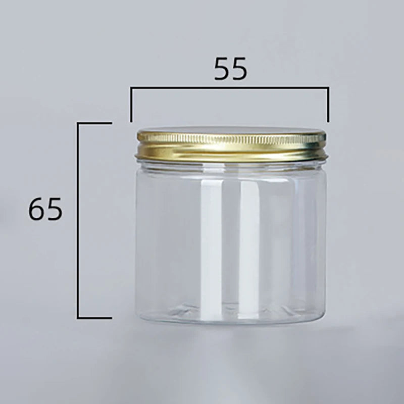 Frasco de plástico transparente de 15 tamaños con tapas de aluminio rosa, contenedor vacío para crema facial, contenedor de cosméticos, botellas rellenables de viaje doradas.