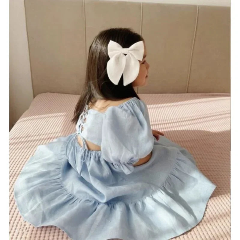 Vestido de verano para niñas, de algodón y lino, con espalda ajustada y mangas abullonadas, estilo princesa, sencillo y dulce, 2023