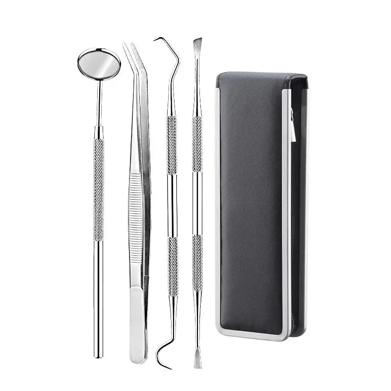Juego de herramientas de acero inoxidable para dentistas, 4, 5 y 6 piezas, pinzas, azada, hoz, raspador, espejo, limpieza de sarro.