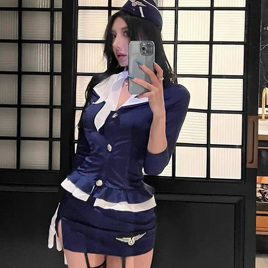 2025NEW Airline Stewardess Cosplay For Woman Sexy Air Hostess Uniform Halloween Costumes Fancy Role Play Party