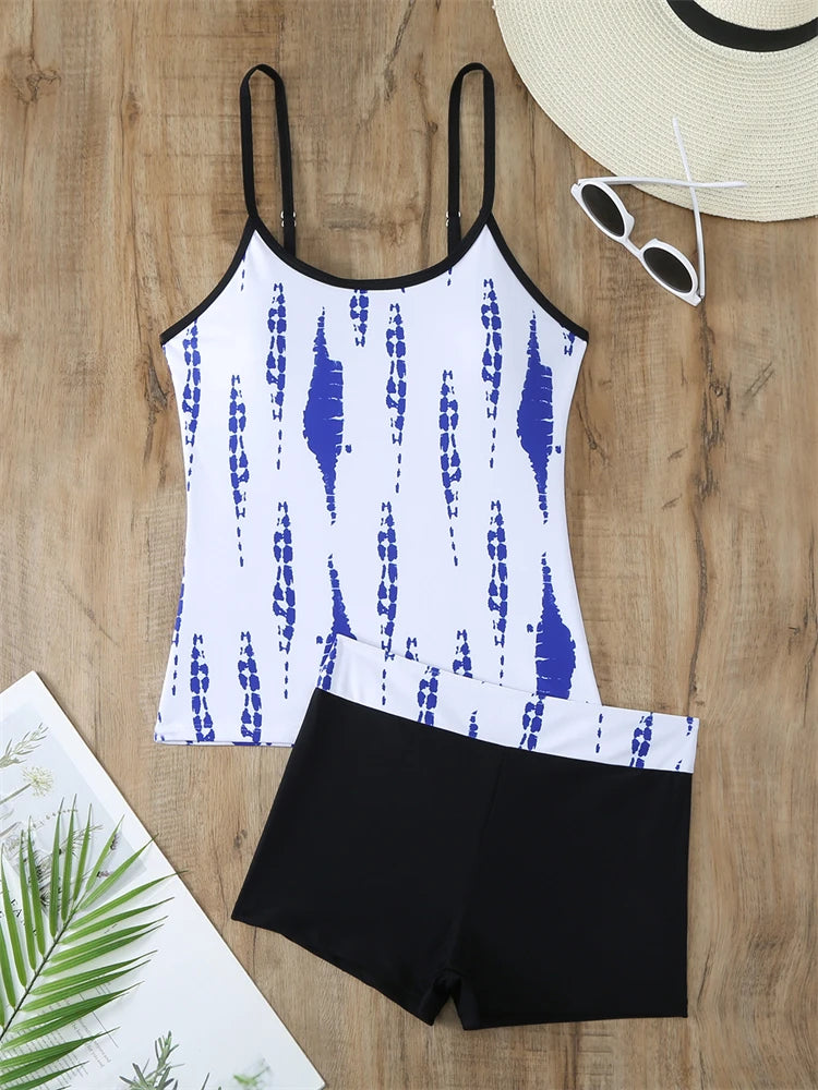 Traje de baño de dos piezas para mujer 2025, nuevo traje de baño liso con estampado de tirantes, tankini de verano, pantalones cortos tipo bóxer de cintura alta, traje de baño de playa para mujer