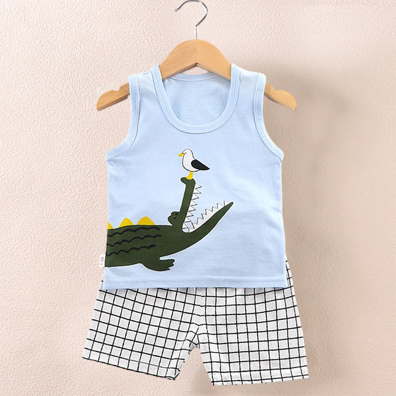 Ropa para niños, camisetas sin mangas estampadas, pantalones cortos, bonitos y transpirables, conjunto de chaleco y pantalones cortos de verano para niños, camiseta sin mangas para ropa de bebé para niños