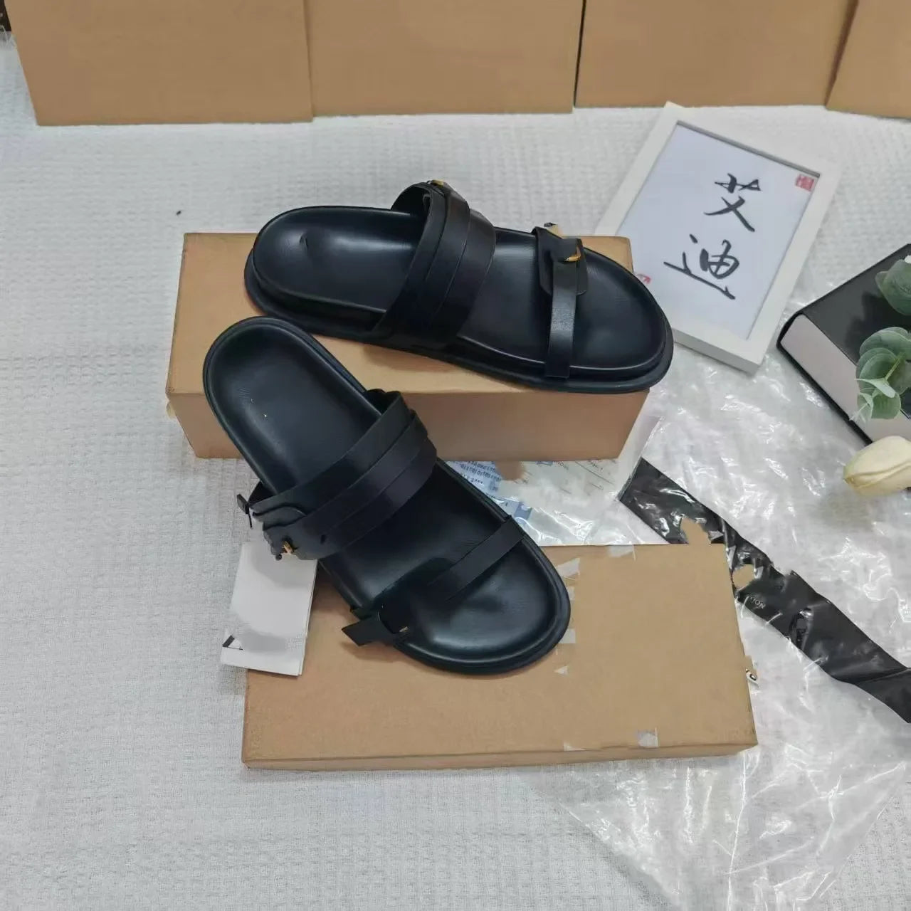 Sandalias planas de tacón grueso para mujer, sin cordones, de piel sintética, con suela de PVC, transpirables, con punta abierta, informales y cómodas.