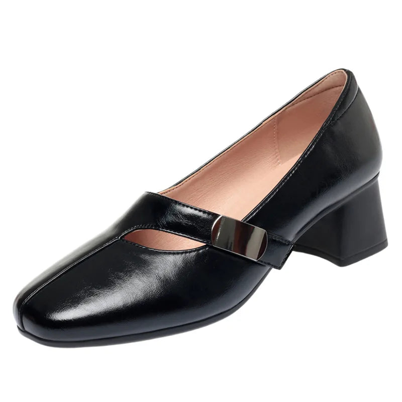 Zapatos Mary Jane vintage de 5 cm, transpirables, cómodos, de boca baja, de piel suave, para mujer, primavera 2025, tacones de bloque medianos para oficina, mamá