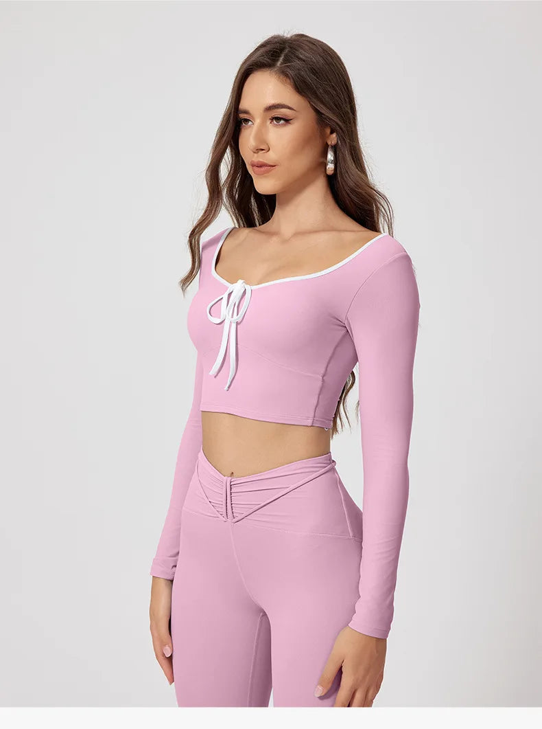 Conjunto de yoga para mujer: camiseta de manga larga, ropa deportiva, top corto, leggings de cintura alta y conjunto deportivo.