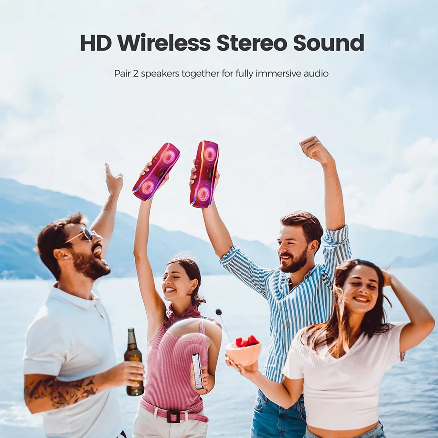 Altavoz Bluetooth inalámbrico rojo WISETIGER F10C, resistente al agua IPX7, para exteriores, con luz RGB BT5.3, estéreo y sonido envolvente.