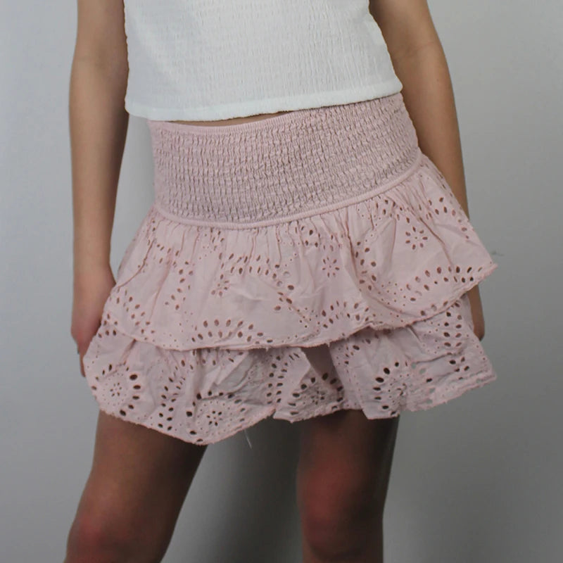 Minifaldas plisadas con capas y volantes estilo Y2K para mujer, estilo bohemio playero, estilo kawaii, con fruncido en forma de A, para adolescentes