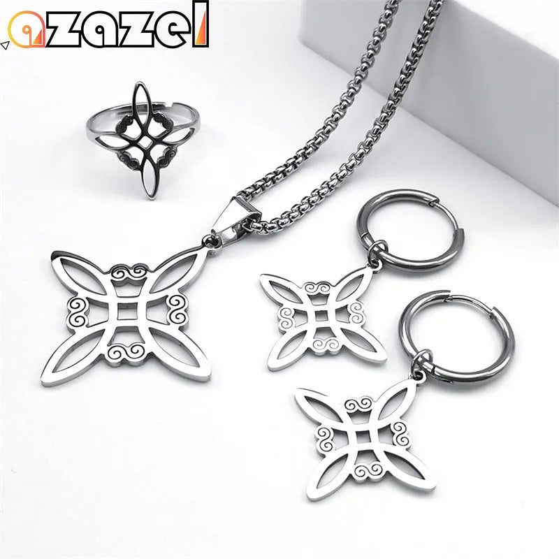 Conjunto de joyas de acero inoxidable, colgante de nudo celta irlandés, collar, pendientes, pulsera, anillo, brujería, bruja