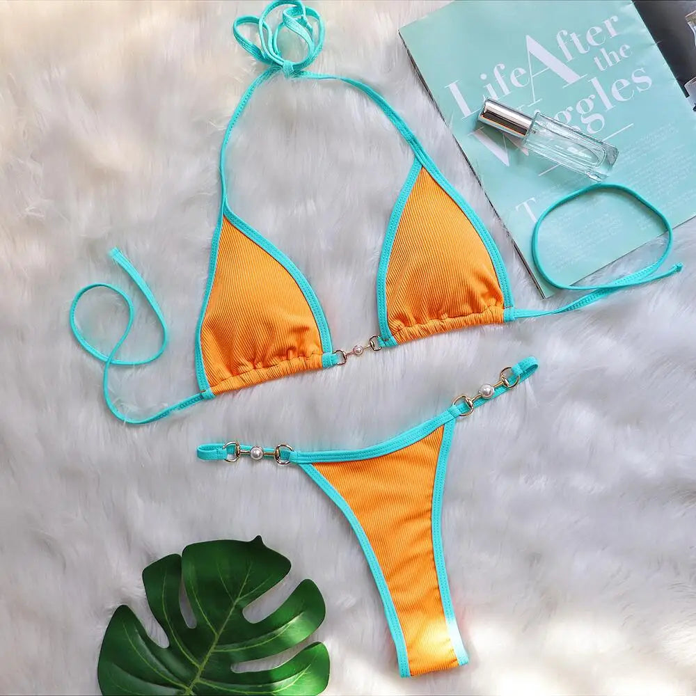 Bikini sexy con cuello halter y perlas para mujer, traje de baño femenino de dos piezas con ribete acanalado