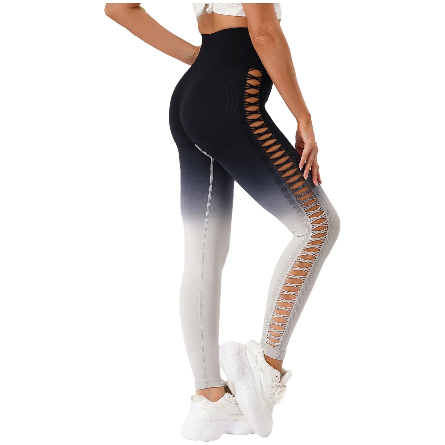 Womens Hip Tight Yoga Pants High Waist Side Hollowed-Out Mesh Design Exercise Yoga Leggings Running Gym Fitness