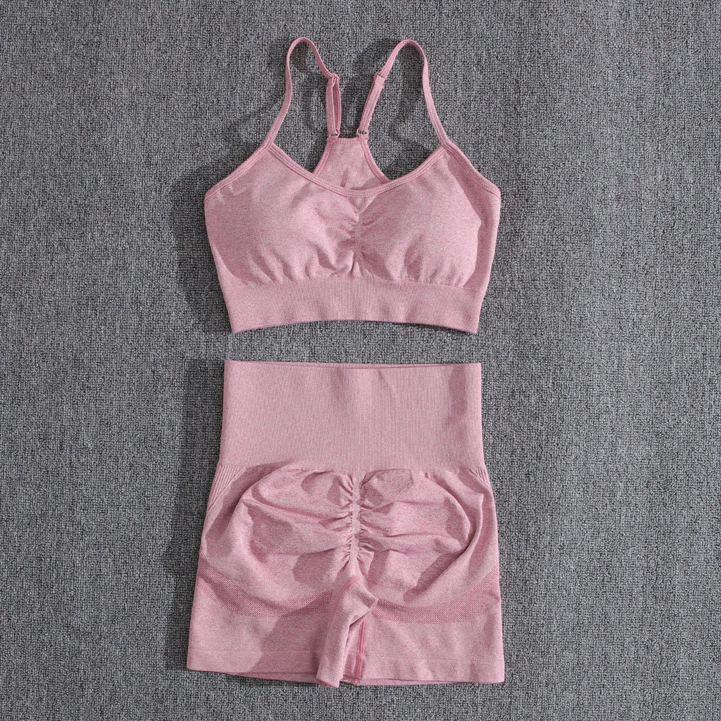 Conjuntos de dos piezas para mujer, pantalones cortos color melocotón, chándal femenino, conjunto de gimnasio, pantalones cortos de fitness con cuello halter, sujetador push up de verano