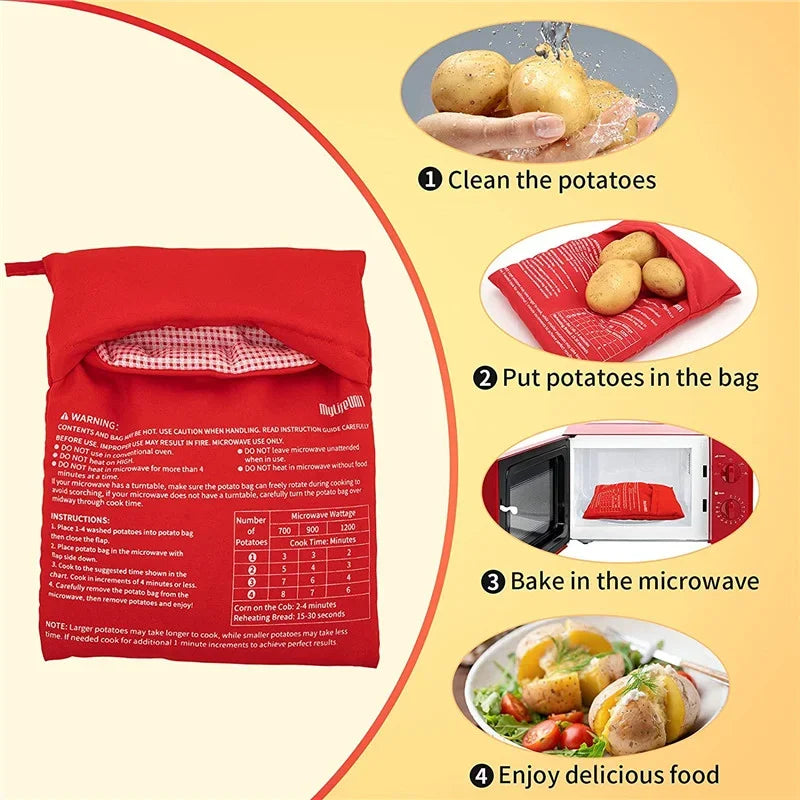 Bolsa reutilizable para cocinar papas en microondas, bolsa para cocinar papas al horno, papas perfectas en 4 minutos, bolsa roja para hornear