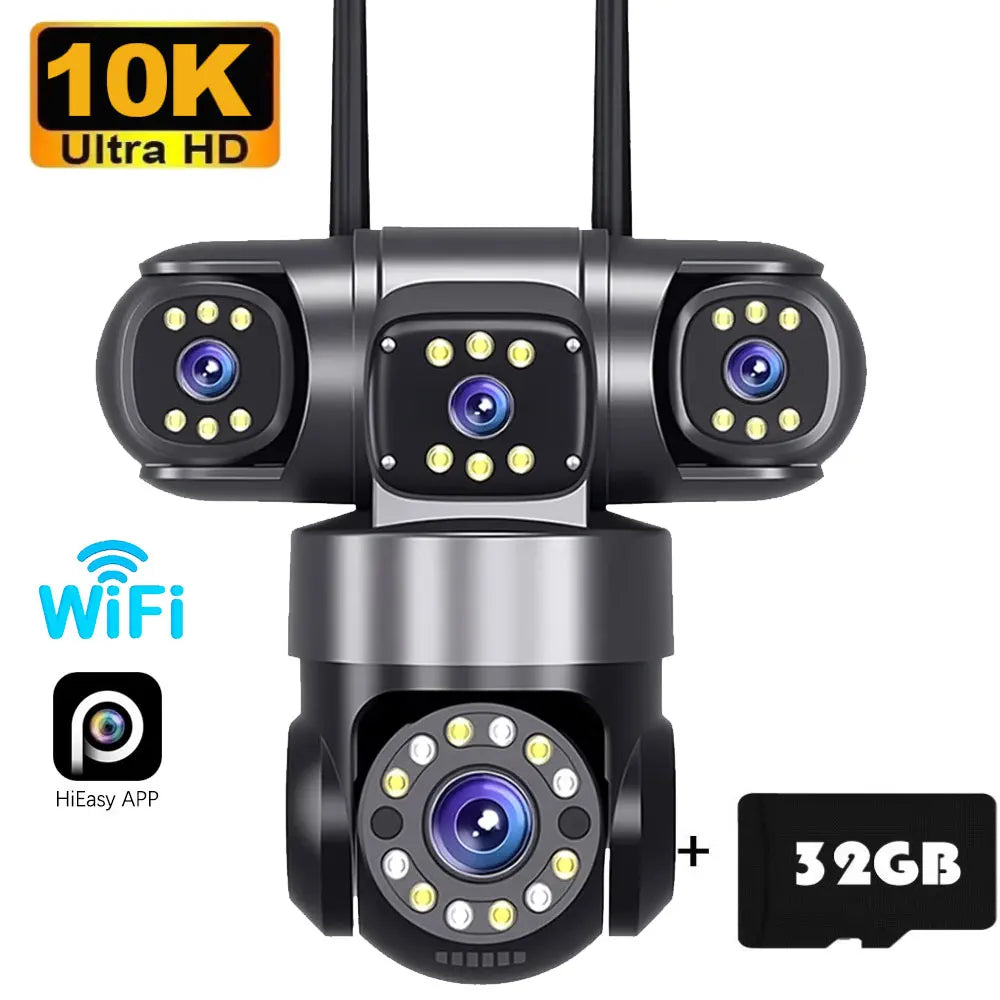 Cámara de seguridad para el hogar 10K 20MP para exteriores con WiFi, 4 lentes, 4 pantallas, zoom 360° 16X, CCTV, vigilancia inalámbrica, PTZ, protección de seguridad