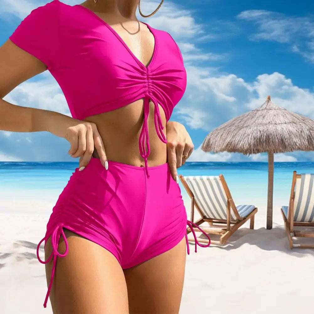 2Pcs/Set Swimsuit for Women Bikini Set V-Neck Short Sleeve Tops High Waist Drawstring Swimming Trunks Quick Drying Swimsuit