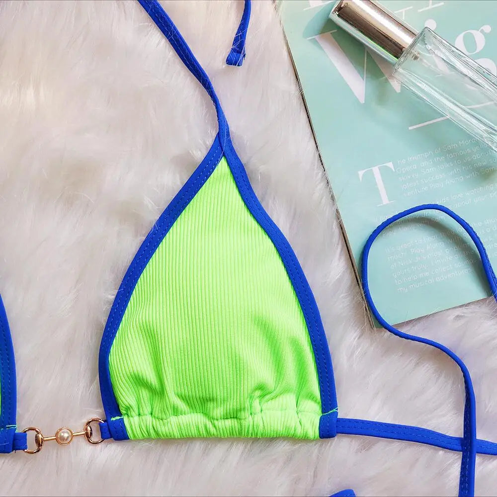 Bikini sexy con cuello halter y perlas para mujer, traje de baño femenino de dos piezas con ribete acanalado
