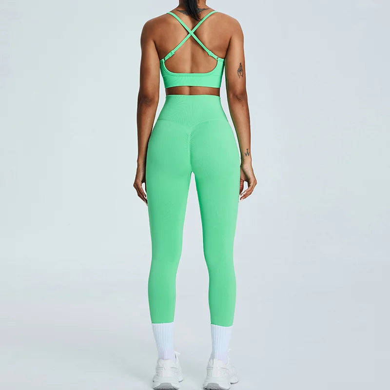 Conjunto de yoga de dos piezas para mujer, sujetador deportivo con espalda cruzada de color liso, top color miel melocotón, leggings de secado rápido para realce de cadera, traje deportivo de fitness